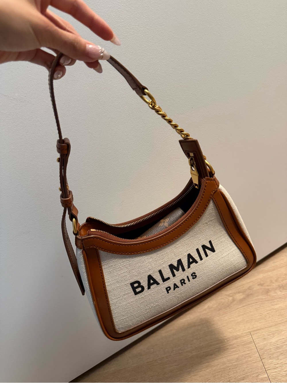Balmain Cream Canvas Shoulder Bag with Brown Leather Trim